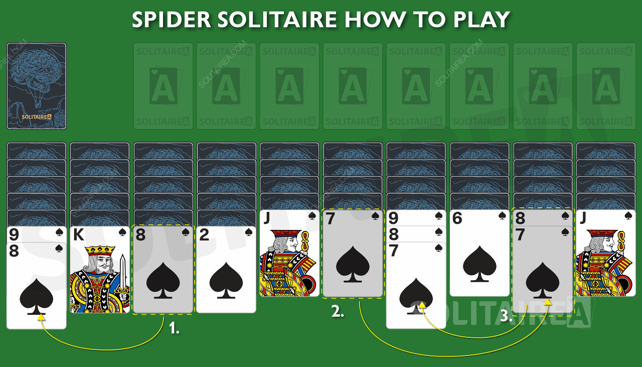 عندما يتم نقل البطاقات وفرزها ، يتم الكشف عن بطاقات مدفونة جديدة في Spider Solitaire.